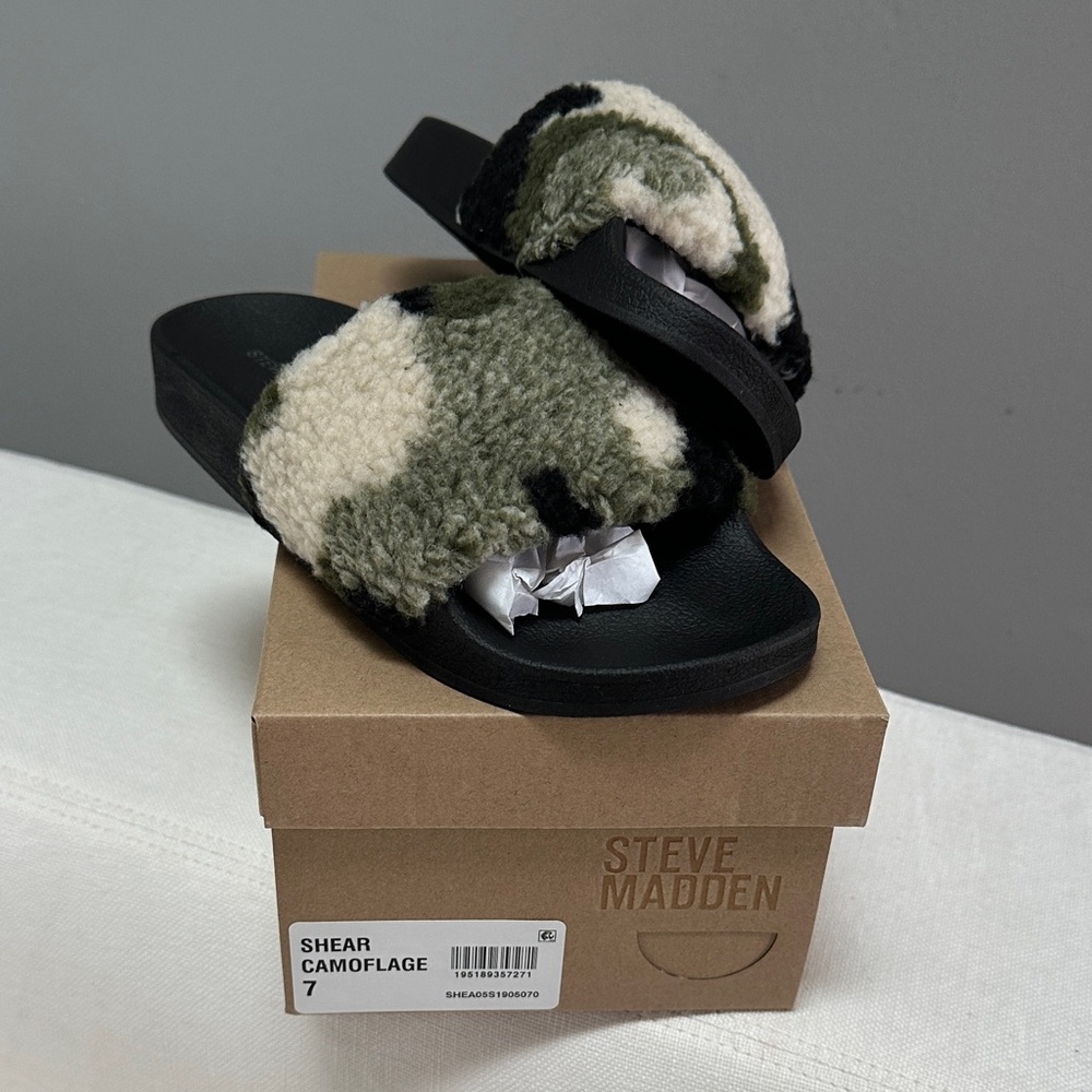 Steve Madden Shearling Camouflage Slides